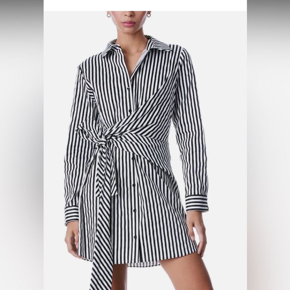 Alice + Olivia REINA DRAPED SHIRT DRESS- Black and White Stripe